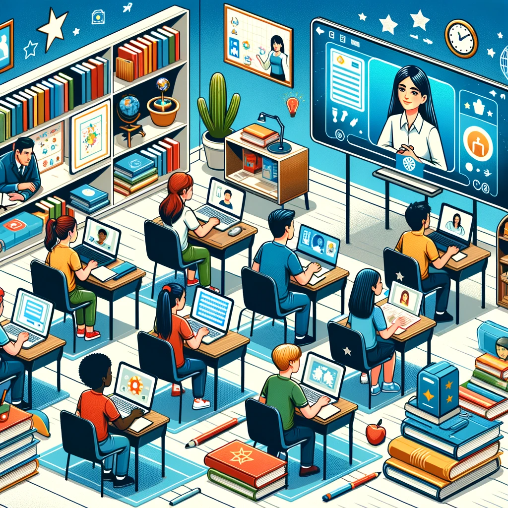 A digital classroom with students of diverse ethnic backgrounds engaged in an online learning session. A virtual teacher is displayed on a large screen, and students use various devices like laptops, tablets, and smartphones.
