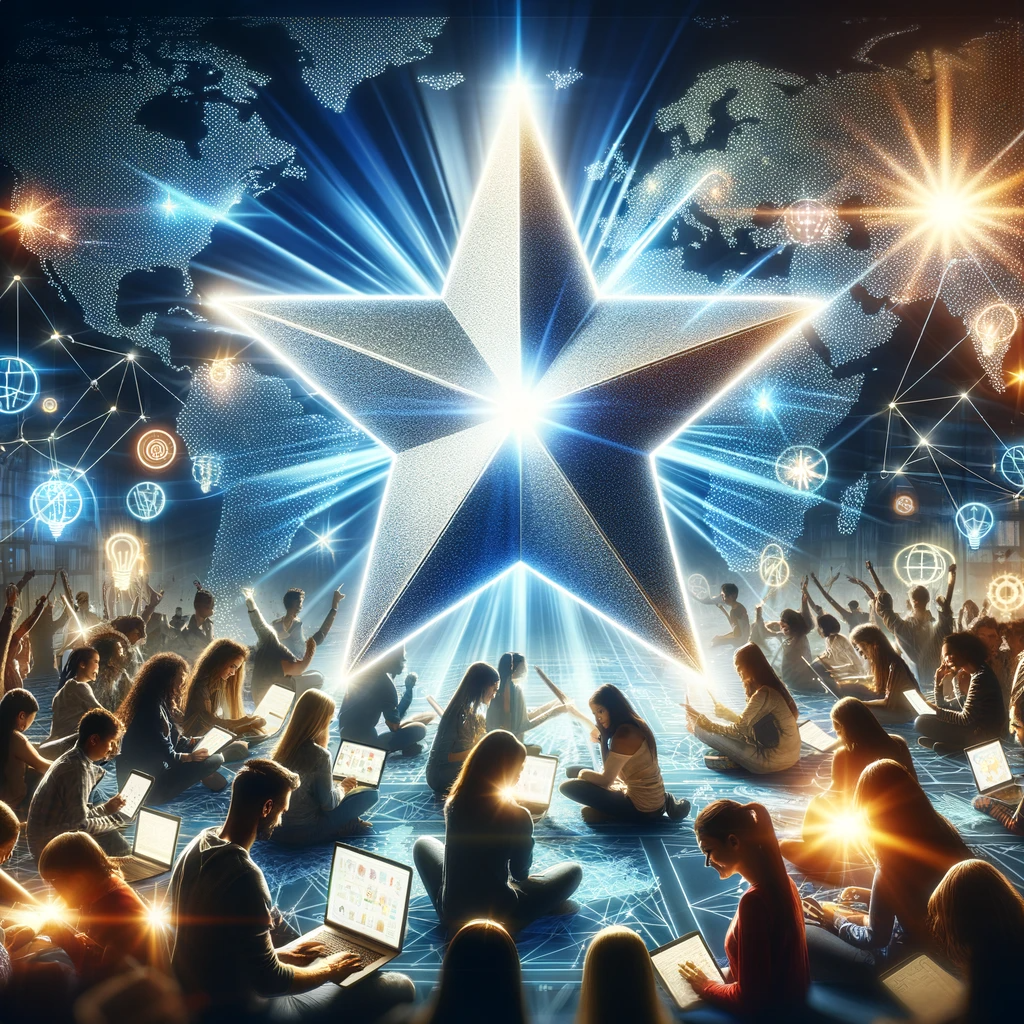 An illustration showing a luminous star symbolizing North Star Aid, illuminating a diverse group of students using digital devices for learning, set against a global map with digital connections.