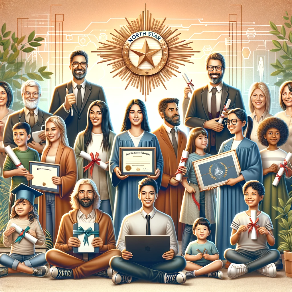 A group of diverse individuals holding diplomas and digital devices, with expressions of accomplishment. The North Star Aid logo is in the background.