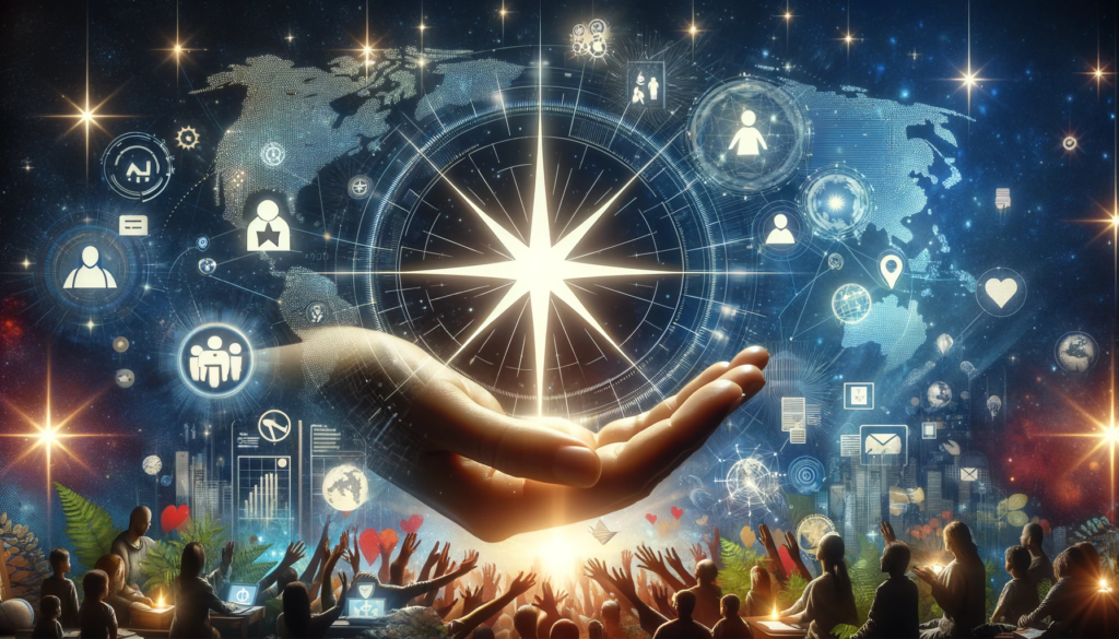 An image depicting the North Star shining over scenes of humanitarian aid, with hands reaching out for help and digital donation platforms.
