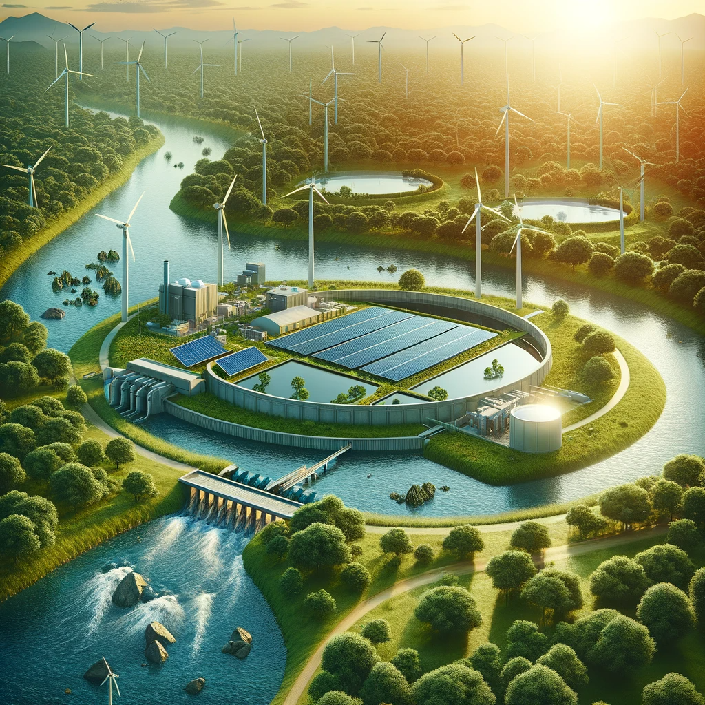 A modern eco-friendly wastewater treatment facility surrounded by greenery, clean water bodies, and renewable energy sources.