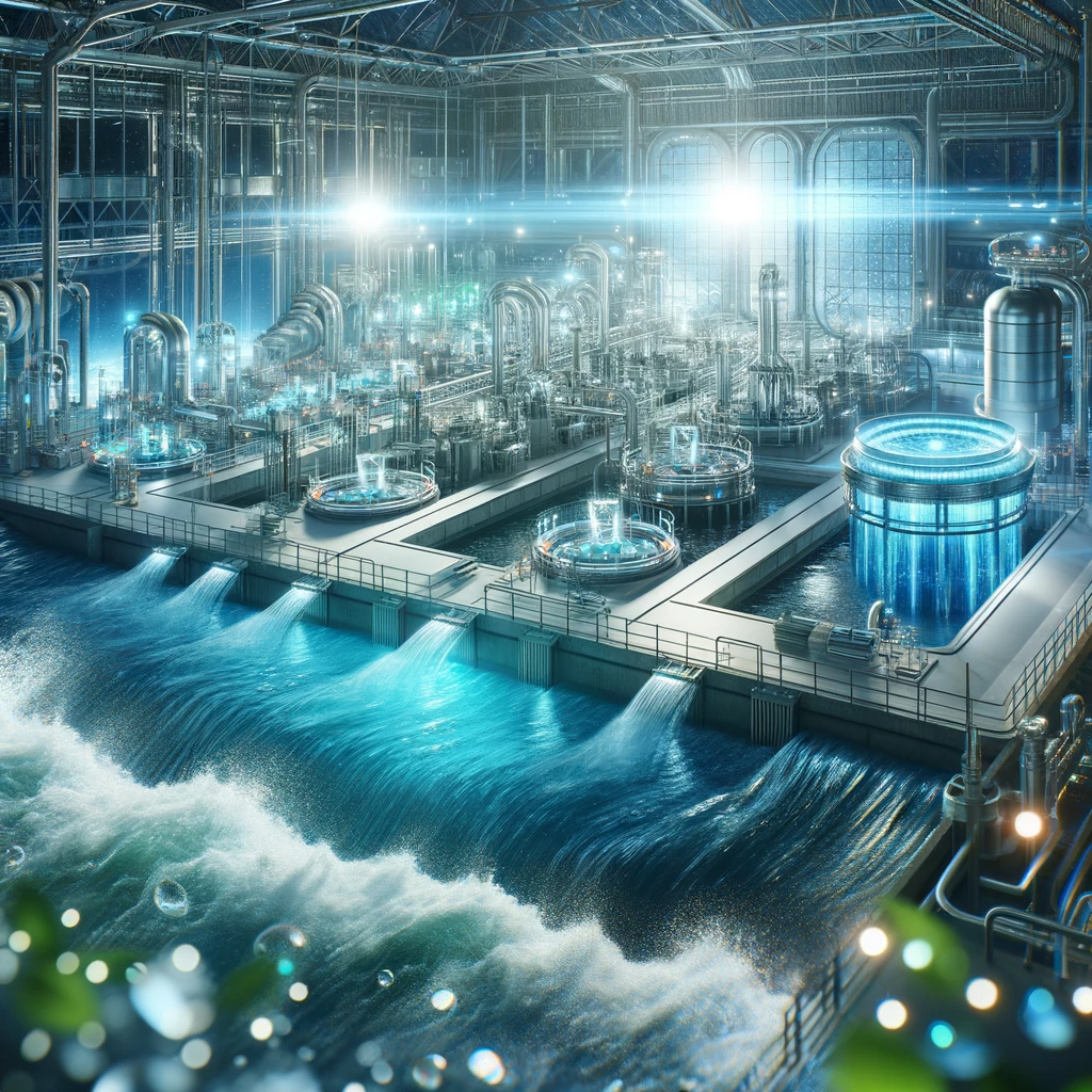 A futuristic wastewater treatment facility with advanced technologies and clean water being returned to nature.