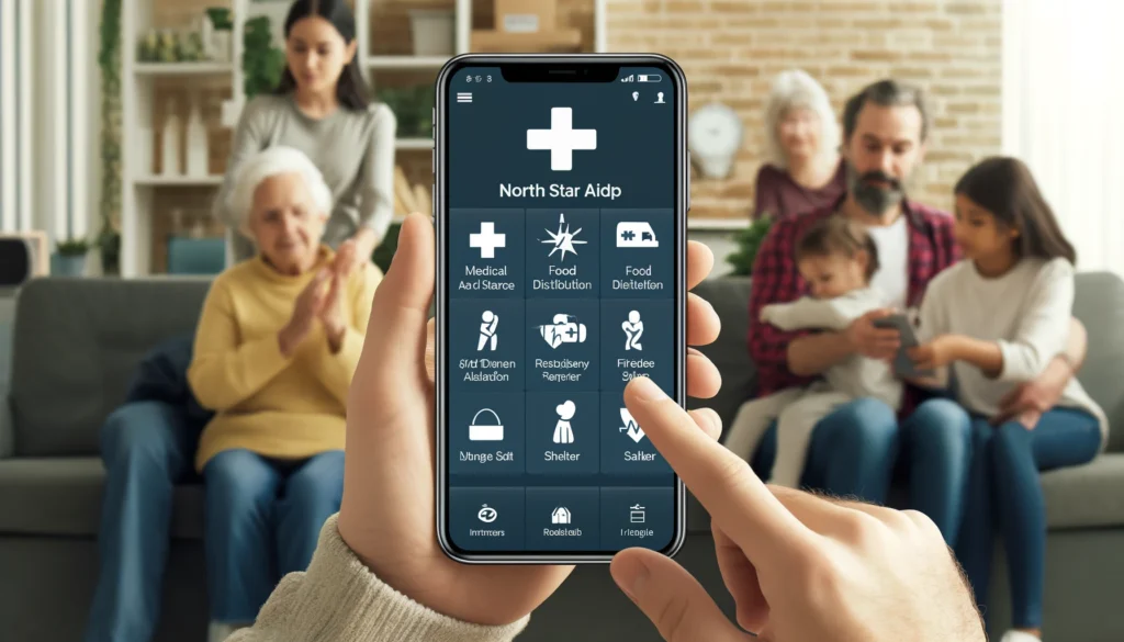 User-friendly mobile app interface for the North Star Aid app, showing a home screen with options for various aid services like medical assistance, food distribution, and shelter information. 