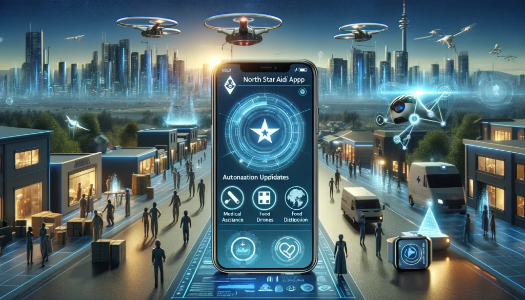 A futuristic scene showcasing an advanced version of the North Star Aid app being used on smart glasses, holographic displays, and wearable technology. The background features a smart city with drones delivering aid packages and robots helping people. The app interface is modern and sleek, showing real-time updates for medical assistance, food distribution, and shelter information.