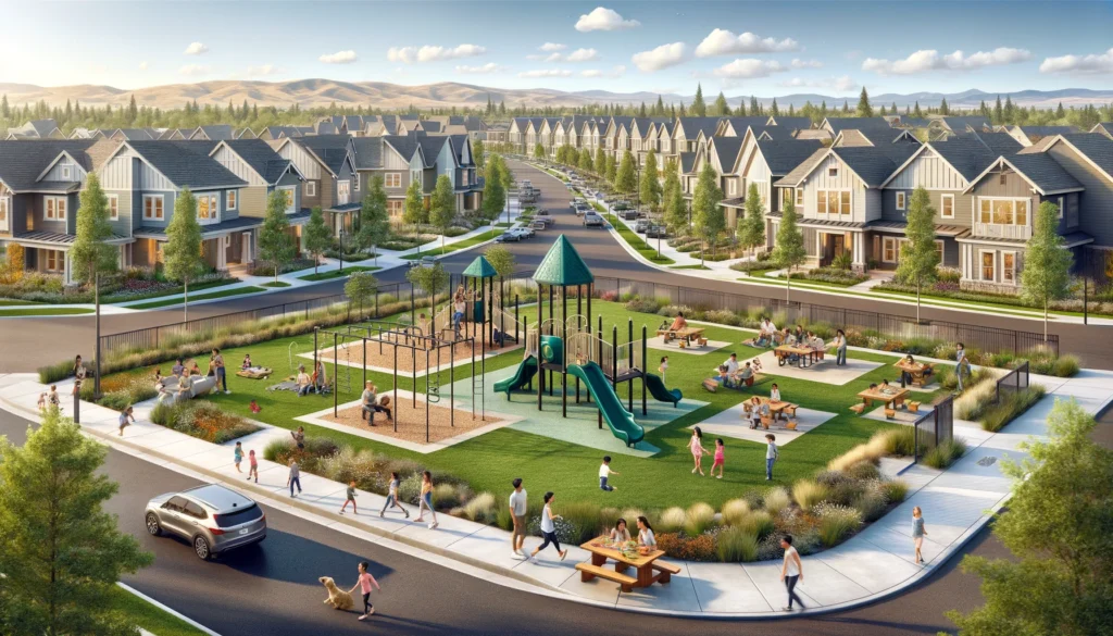 A scenic view of North Star Vacaville, CA, featuring a family-friendly park with children playing on playground equipment, families having a picnic, and modern homes in the background. The park is well-maintained with green lawns, walking paths, and mature trees.