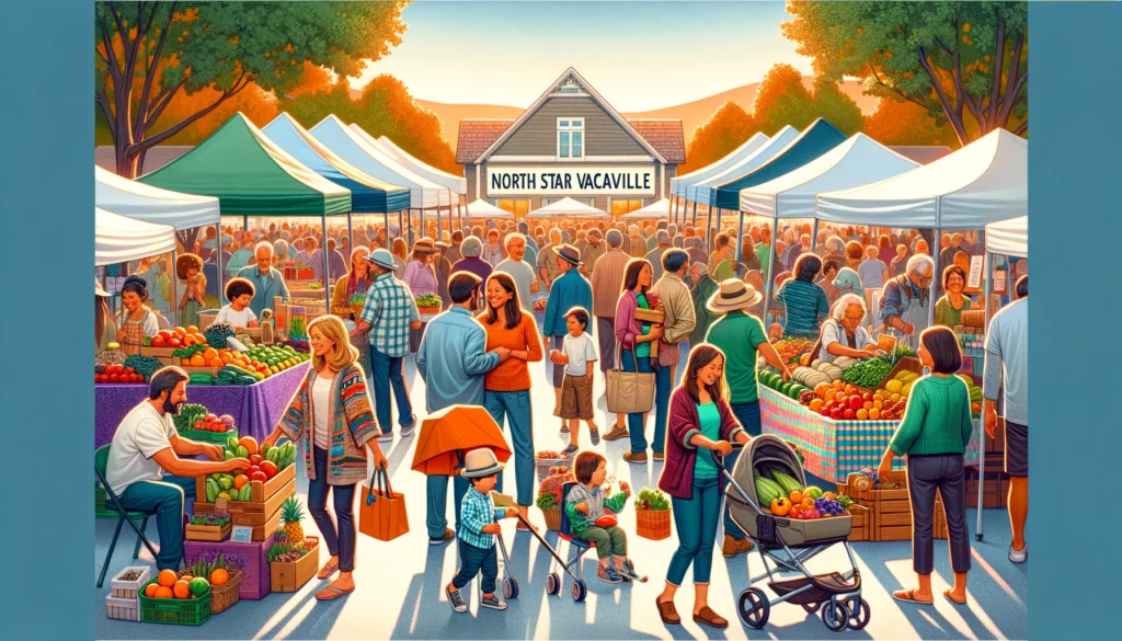 A vibrant community event in North Star Vacaville, CA, with residents enjoying a local farmers' market. The scene includes vendors with colorful stalls of fresh produce, handmade crafts, and delicious food. Families and individuals are mingling, shopping, and enjoying live music.