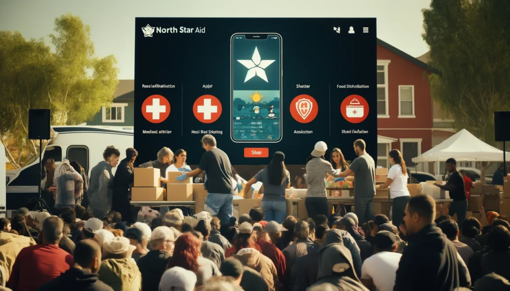 A community event featuring the North Star Aid app in action, with volunteers distributing food and supplies to people in need. The app interface is displayed on a large screen, showing real-time updates and various aid options like medical assistance, food distribution, and shelter information. The atmosphere is lively and supportive, with people coming together to help each other.