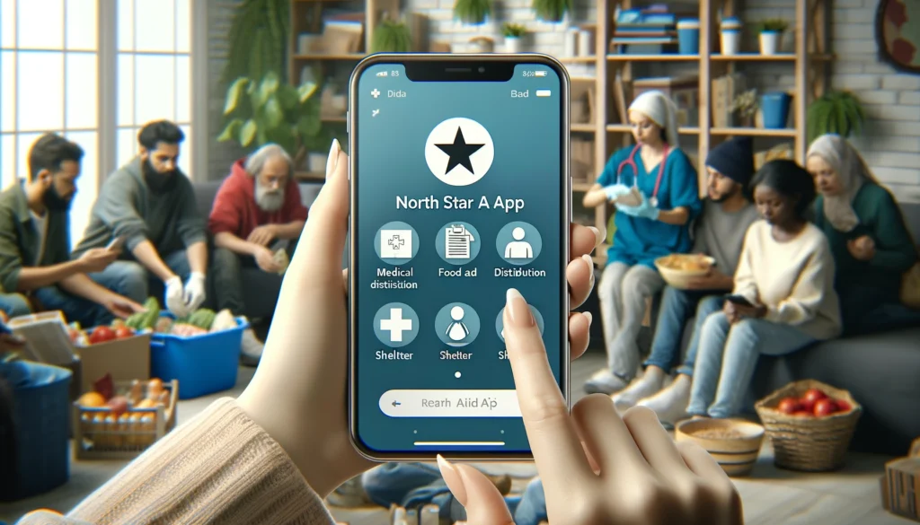 User-friendly mobile app interface for the North Star Aid app, showing a home screen with options for various aid services like medical assistance, food distribution, and shelter information. In the background, people from different walks of life are using the app in various scenarios: a person receiving medical aid, volunteers distributing food, and families finding shelter.