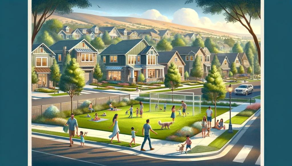 A picturesque scene of North Star Vacaville, CA, showcasing a modern neighborhood with beautiful homes, well-maintained lawns, children playing in a park, and parents walking their dogs on tree-lined streets. The background includes a view of the nearby hills.