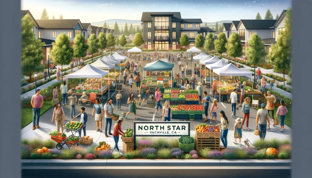 A lively farmers' market scene in North Star Vacaville, CA, with residents shopping for fresh produce, handmade crafts, and enjoying local food. The market is bustling with activity, and colorful stalls are set up by vendors. The background includes a view of the community park and modern homes.