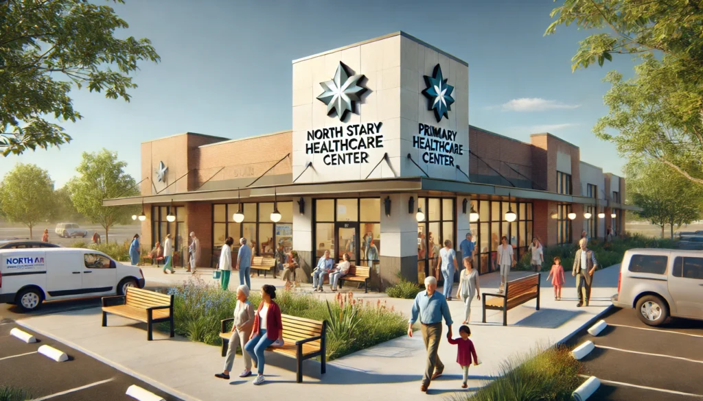 "North Star Aid primary healthcare center with people entering and exiting, featuring a welcoming exterior with a garden and benches, under a clear blue sky."
